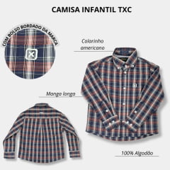 Camisa Infantil TXC Manga Longa Xadrez Azul/Vermelho/Crú Custom Regular Com Logo Bordada em Branco Ref.29106LI