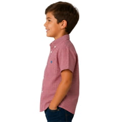 Camisa Infantil TXC Regular Tricoline Manga Curta Xadrez Vermelho Branco Logo Azul Claro REF2763CI