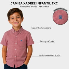 Camisa Infantil TXC Regular Tricoline Manga Curta Xadrez Vermelho Branco Logo Azul Claro REF2763CI