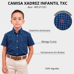 Camisa Infantil TXC Regular Tricoline Manga Curta Xadrez Azul Logo Vermelho REF:2712CI