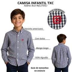 Camisa Infantil Txc Tricoline Xadrez Manga Longa Azul Marinho E Branco Com Logo Bordado Vermelho Bolso Ref:2705LI