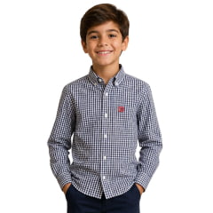 Camisa Infantil Txc Tricoline Xadrez Manga Longa Azul Marinho E Branco Com Logo Bordado Vermelho Bolso Ref:2705LI