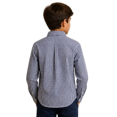 Camisa Infantil Txc Tricoline Xadrez Manga Longa Azul Marinho E Branco Com Logo Bordado Vermelho Bolso Ref:2705LI