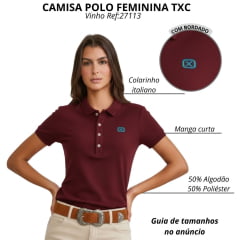Camisa Polo Feminina TXC Custom Slim Piquet Manga Curta Vinho Com Logo Bordado Azul Claro Ref:27113