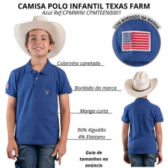 Camisa Polo Infantil Texas Farm Buckaroo Manga Curta Azul Royal Logo Bandeira Ref:CPMMINI CPMTEEN0001