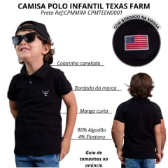 Camisa Polo Infantil Texas Farm Buckaroo Manga Curta Preto Logo Branco e Bandeira Ref:CPMMINI CPMTEEN0001