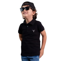 Camisa Polo Infantil Texas Farm Buckaroo Manga Curta Preto Logo Branco e Bandeira Ref:CPMMINI CPMTEEN0001