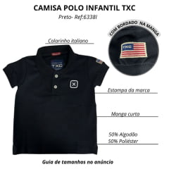 Camisa Polo Infantil TXC Custom Preto Bordado Branco E Bandeira USA Ref:6338I