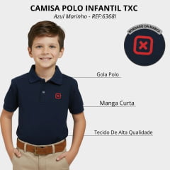 Camisa Polo Infantil TXC Manga Curta Custom Piquet Azul Marinho Logo Vermelho REF:6368I