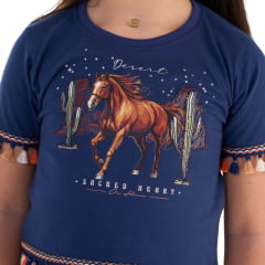 Camiseta Cropped Infantil Ox Horns Azul Marinho Com Franjinha Estampado Ref:5290