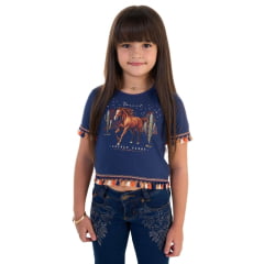 Camiseta Cropped Infantil Ox Horns Azul Marinho Com Franjinha Estampado Ref:5290