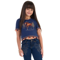 Camiseta Cropped Infantil Ox Horns Azul Marinho Com Franjinha Estampado Ref:5290