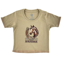 Cropped Infantil Ox Horns Bege Escuro Estampado Ferradura E Cavalo com Brilho Ref:5317
