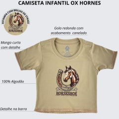 Cropped Infantil Ox Horns Bege Escuro Estampado Ferradura E Cavalo com Brilho Ref:5317