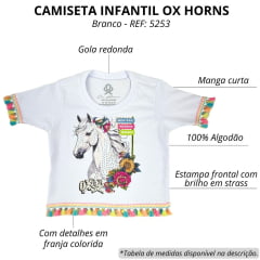 Camiseta Cropped Infantil Ox Horns Branca  Manga Curta Com Desenho De Cavalo Flor E Franjas Coloridas  REF: 5253