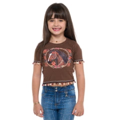 Camiseta Cropped Infantil Ox Horns Marrom Manga Curta Com Desenho De Cavalo E Franjinhas Nas Mangas E Barra REF: 5249