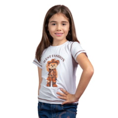 Camiseta Infantil Feminina Miss Country T-Shirt Manga Curta Teddy Branco Estampada West Fashion Ref:3322
