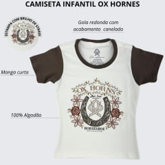 Camiseta Infantil Feminina Ox Horns Creme T-Shit Manga Curta Estampa Flores E Brilhos Ref:5318