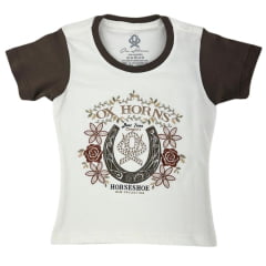 Camiseta Infantil Feminina Ox Horns Creme T-Shit Manga Curta Estampa Flores E Brilhos Ref:5318