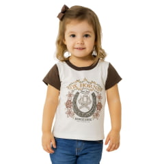 Camiseta Infantil Feminina Ox Horns Creme T-Shit Manga Curta Estampa Flores E Brilhos Ref:5318