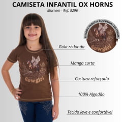 Camiseta Infantil Feminina Ox Horns Marrom Estampada Ref:5296