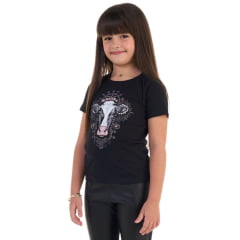 Camiseta Infantil Feminina Ox Horns Preta Boiadeira Com Strass Ref:5289