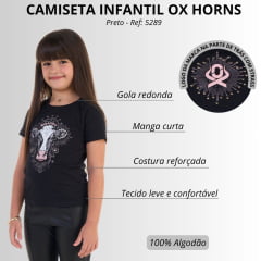Camiseta Infantil Feminina Ox Horns Preta Boiadeira Com Strass Ref:5289