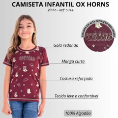 Camiseta Infantil Feminina Ox Horns T-Shit Manga Curta Vinho Estampa Cowgirl Com Brilho Ref:5314
