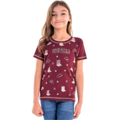 Camiseta Infantil Feminina Ox Horns T-Shit Manga Curta Vinho Estampa Cowgirl Com Brilho Ref:5314