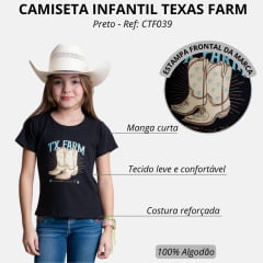 Camiseta Infantil Feminina Texas Farm Backyard Manga Curta Preto Estampa Botas Ref: CTF039