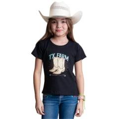 Camiseta Infantil Feminina Texas Farm Backyard Manga Curta Preto Estampa Botas Ref: CTF039