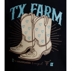 Camiseta Infantil Feminina Texas Farm Backyard Manga Curta Preto Estampa Botas Ref: CTF039