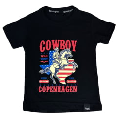 Camiseta Infantil Masculina Copenhagen Preta Manga Curta Cavalo Empinado Cowboy COD:8673