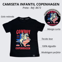 Camiseta Infantil Masculina Copenhagen Preta Manga Curta Cavalo Empinado Cowboy COD:8673