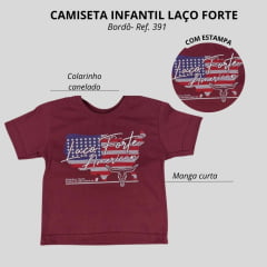 Camiseta Infantil Masculina Laço Forte Manga Curta Bordô C/ Estampa Bandeira American Ref: 391