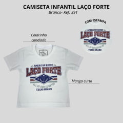 Camiseta Infantil Masculina Laço Forte Manga Curta  Branco C/ Estampa Logo Azul/Verrnelho Ref: 391