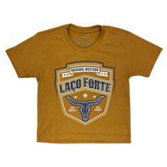 Camiseta Infantil Masculina Laço Forte Manga Curta Ocre/Caramelo C/ Estampa Logo Azul Ref: 391