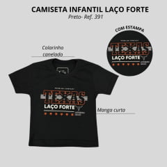 Camiseta Infantil Masculina Laço Forte Manga Curta Preto  C/ Estampa Logo Branco/Laranja Ref: 391