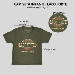 Camiseta Infantil Masculina Laço Forte Manga Curta Verde Militar  C/ Estampa Logo Bege/Vermelho Ref: 391