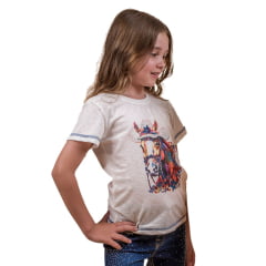 Camiseta Infantil Miss Country Off White Manga Com Desenho De Cavalo E Flores Ref:3227