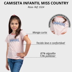 Camiseta Infantil Miss Country T-Shirt Manga Curta Listrada Vermelha Estampa Cowgirl E Estrelas  Ref:3324