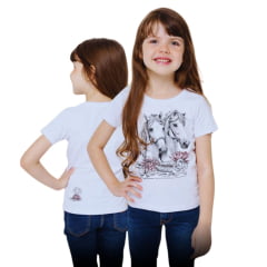 Camiseta Infantil Ox Horns Branca Manga Curta Com Desenho De Cavalo E Brilho Ref:5253