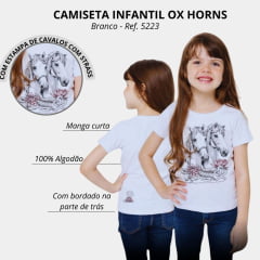Camiseta Infantil Ox Horns Branca Manga Curta Com Desenho De Cavalo E Brilho Ref:5253