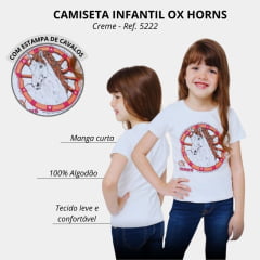 Camiseta Infantil Ox Horns Creme Manga Curta Com Desenho De Cavalo E Brilho Ref:5222