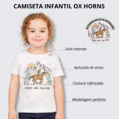 Camiseta Infantil Ox Horns Feminina Branca Manga Curta Com Desenho Cavalo Horses Are Online Ref.5234