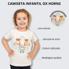 Camiseta Infantil Ox Horns Feminina Creme Manga Curta Com Desenho De Vaca Boiadeira Ref.5233