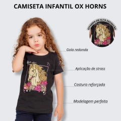 Camiseta Infantil Ox Horns Feminina Preta Manga Curta Com Desenho de Cavalo e Flores Ref.5226