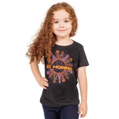 Camiseta Infantil Ox Horns Feminina Preta Manga Curta Com Desenho de Esporas Logo Laranja Ref.5225