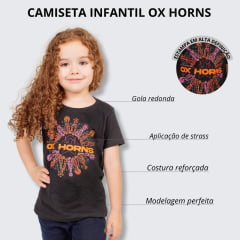 Camiseta Infantil Ox Horns Feminina Preta Manga Curta Com Desenho de Esporas Logo Laranja Ref.5225