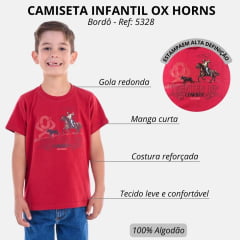 Camiseta Infantil Ox Horns Manga Curta Bordô Estampada Cowboy Ref:5328